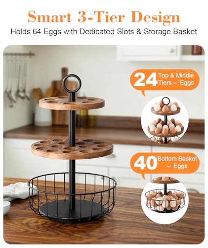 3-Tier 360° Rotating Egg Holder with 24+40 Egg Capacity - Rustic Farmhouse Kitchen Counter Organizer, Tiered Egg Storage Rack with Ventilated Wooden Trays & Metal Basket for Easter Eggs, Fresh Eggs - size: 360° Rotating