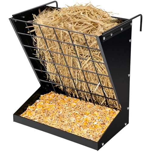 RYFT Wall Mount Hay Feeder, 2 in 1 Heavy-Duty Galvanized Hay & Grain Livestock Feeder, Hay Rack for Goats, Sheep, Horse, Cattle