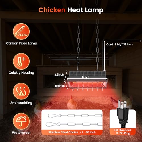 Chicken Coop Heat Lamp, 300W Brooder Heater for Chicks 9.84ft Cord UL Passed Carbon Fiber Bulbs Heater with Adjustable Hanging Height for Livestock Supplies Indoor Warmer | UL Passed,9.84ft Cord, Adjustable Hanging Height, Livestock Supplies Indoor Warmer