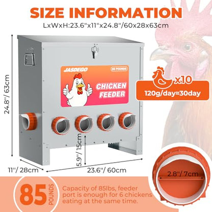 6 Ports Automatic Chicken Feeder 85 Pounds Large Gravity Fed Chicken Feeder with Latch & Handle for Chickens Bantams Pheasants Poultry Coop Weatherproof - size: 6 Ports (85-120 LBS)