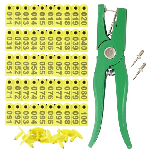 Sheep Ear Tag 001-100 Number Plastic Livestock Tags Goat with Punch Applicator Plier Tools and 2Pcs Ear Tag Pins (Yellow, 101-200) - color: Yellow, size: 101-200