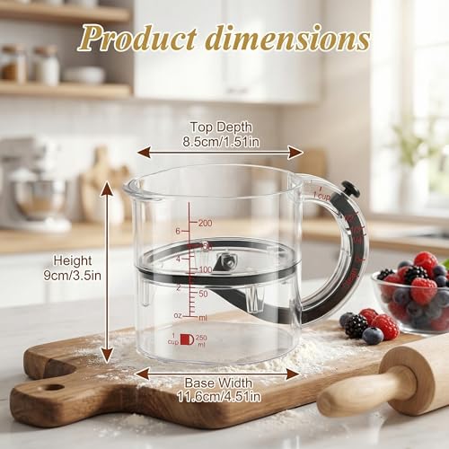 Adjustable 4-in-1 measuring cup with double scale (ml/oz) push bottom design, used as a multi in 1 measuring tool for baking and cooking