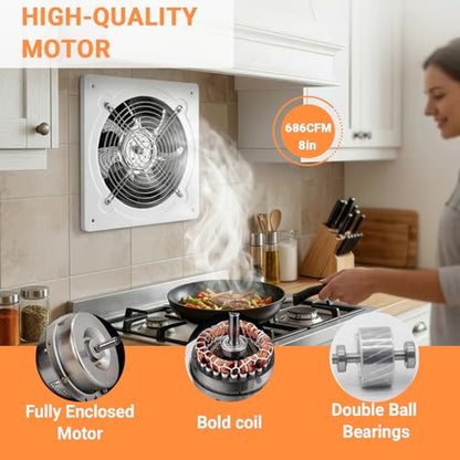 8 Inch Exhaust Fan with Speed Controller, Wall Mount Ventilation Fan | Small Fume Extractor Ventilation Fan 686 CFM with 5 Feet Power Cord for Kitchen Smoking Room Chicken Coop Basement Garage - size: 8 inch