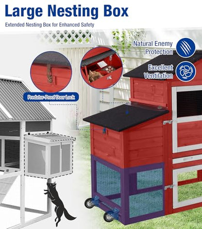 Chicken Coop with Run Mobile Chicken Coop with Wheels Duplex Hen House with Nesting Box Slide-Out Cleaning Tray Predator-Resistant Chicken Cage for Outdoor Backyard Red - color: Red