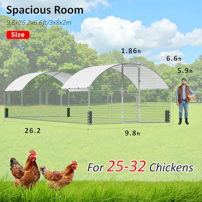 Large Metal Chicken Coop, Chicken Run with Feeding Door, Security Lock and Cover, Outdoor Walk-in Duck/Rabbit Cage Poultry Pen for Backyard, Farm, Yard (Silver - Dome Roof, 26.2 x 9.8 x 6.6 FT) - size: 314.0"L x 118.0"W x 78.7"H