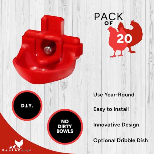 RentACoop DIY Waterer Kit - Horizontal Nipples with Dribble Dish and Installation Tool - Great for Chickens, Turkeys, Peafowl, and Other Poultry - 20 Pack - size: 20 Pack