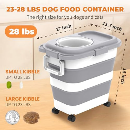 HOYTAMDAR 25-28lbs Dog Food Storage Container, Collapsible Dog Food Container, Wheels, Handle, Airtight Pet Food Storage Container, Scoop, Small Dry Container For Dog Cat Bird Food - color: Grey-28lbs