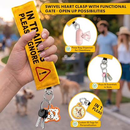 in Training Please Ignore Dog Leash Wrap, Highly Visible Yellow Warning Sleeve with Heart Snap Hook, Service Dog & Puppy Training Sign, Durable Double-Sided Canvas Lead Cover - color: In Training