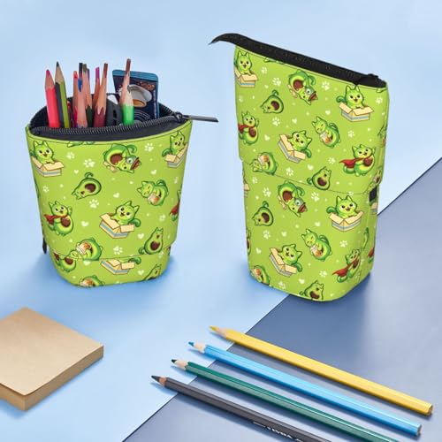 Avocado Cat Kids Standing Pencil Case Girls Boys Telescopic Stationary Pouch with Zipper Large Capacity Stand up Pen Bag Portable Makeup Holder for Children School Students Office Supplies - color: Avocado Cat
