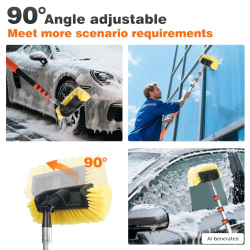 12FT Car Wash Brush with Long Handle, Car Cleaning Brush with 12" Soft Bristle and 12" Hard Bristle, 3-12Ft Telescopic Pole for Scratch-Free Cleaning Truck,RV, Boats,House Siding,Floors,Solar Panels - color: 12ft-orange