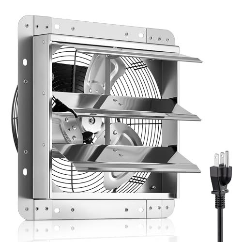 FOHERE 12 Inch Shutter Exhaust Fan Wall Mounted, High Speed 1450CFM, Aluminum with 1.65M Power Cord & Quiet Air Circulation, Vent Fan for Greenhouse, Attic, Shed, Garage, Shop, Commercial Use - size: 12 Inch