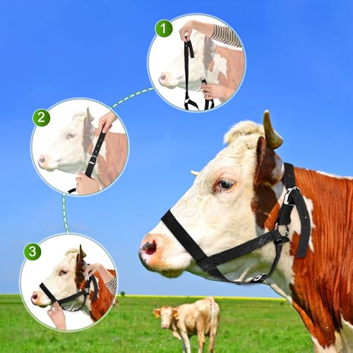 M METERXITY 2-Pack Adjustable Cattle Cow Calf Halter, 12.6"-18.9" Nylon Livestock Cow Halter with Leading Rope for Miniature Horse/Donkey/Goat/Cattle [Black]