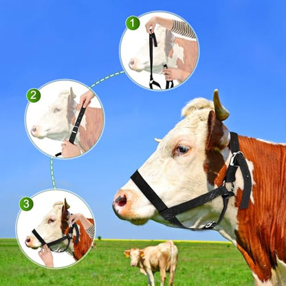 M METERXITY 2-Pack Adjustable Cattle Cow Calf Halter, 12.6"-18.9" Nylon Livestock Cow Halter with Leading Rope for Miniature Horse/Donkey/Goat/Cattle [Black]
