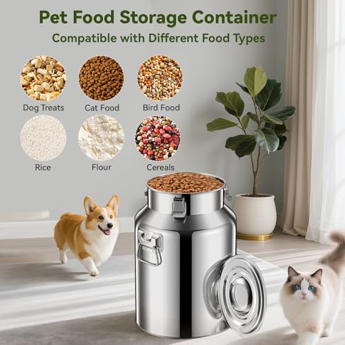 Newget 13lb Stainless Steel Dog Food Storage Container, Metal Pet Storage Container with Airtight Hangable Lid to Keep Food Fresh, Large Cat Food Storage Container with Scoop to Easily Clean - size: 13 lb
