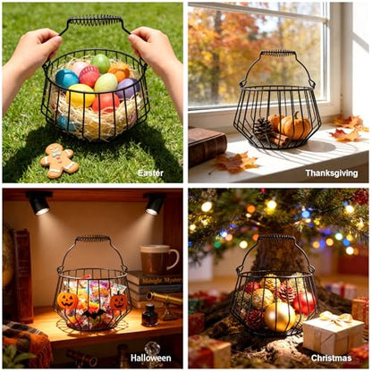 Wire Egg Basket for Gathering Fresh Eggs with Coiled Handle, Chicken Coop | Egg Basket Countertop, Fruit Basket Kitchen Counter, Harvest Basket, Easter Egg Basket, Holds 24 Eggs, Stable Base, Black