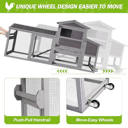 GUTINNEEN Chicken Coop 80in Mobile Chicken House with Run Portable Wooden Poultry Cage with Nesting Box Rabbit Hutch on Wheels,Movable