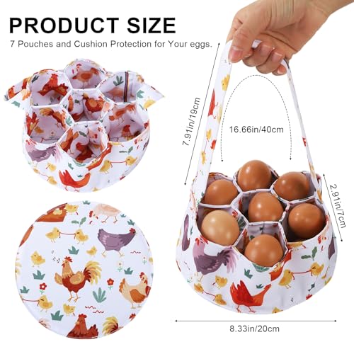 Egg Collecting Basket, Canvas Egg Basket for Gathering with 7 Pouches for Chicken, Duck, Goose, Bird, Various Poultry Collection (Cartoon Chicken Style 3) - style: Cartoon Chicken Style 3