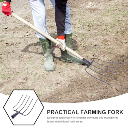 Handheld Manure Fork Household Grass Fork Agricultural Implement Five-Tine Solid Iron Fork for Farm and Stable Manure Cleaning
