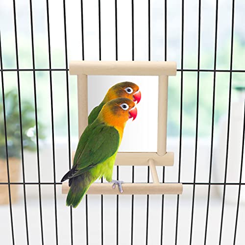 Bird Mirror with Perch Bird Toys for Parrots Budgies Parakeets Cockatiels Lovebirds Finches Canaries - color: Wood color