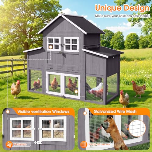 Large Chicken Coop for 6-10 Chickens, Outdoor Predator Proof Wooden Hen House Design with 2 Nesting Boxes and Weatherproof Roof, Easy to Clean Poultry Cage for Outsides