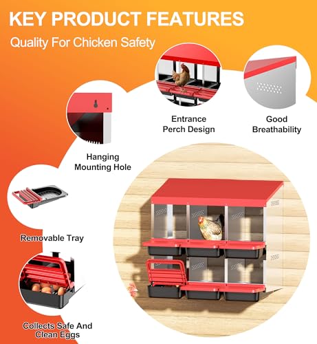 ZenxyHoC Two-Tier Chicken Nesting Boxes, Metal Chicken Egg Laying Box with Swing Perch and Rollout Egg Collection for Chicken Coop Red 6 Compartments - size: 6 Compartments