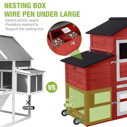 GUTINNEEN Chicken Coop Mobile Hen House On Wheels Easy to Move Wooden Poultry Cage with Nesting Box,Opening Wire Netting Roof,Red - color: Red