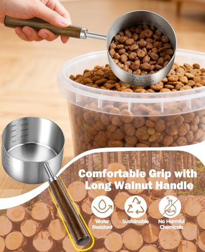 Stainless Steel Dog Food Scoop 1 Cup, Dog Food Measuring Cup With Measuring Lines (Cup/ML) & Long Wooden Handle, Metal Pet Food Scoop For Dogs, Cats and Kitchen Use, Dishwasher Safe - size: 1 CUP