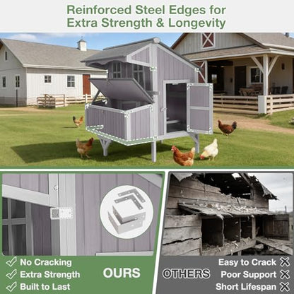 Large Chicken Coop with Wheels for 4-6 Chickens, Mobile Outdoor Chicken House with 3 Nesting Boxes & Roosts, Heavy Duty Reinforced Frame, Waterproof Roof, Pull-Out Tray, Wooden Poultry Cage