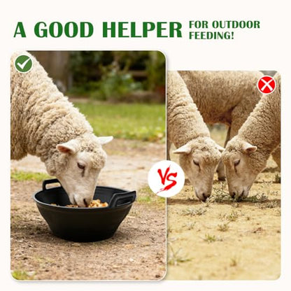 Rubber Feeder Pan, 3.1 Gallon Large Horse Feed Bucket, Heavy Duty Rubber Water Bowl for Livestock, Stackable Chicken Dust Bath Tub for Goats Livestock Animal Feeding Cats Dogs Pigs (6)