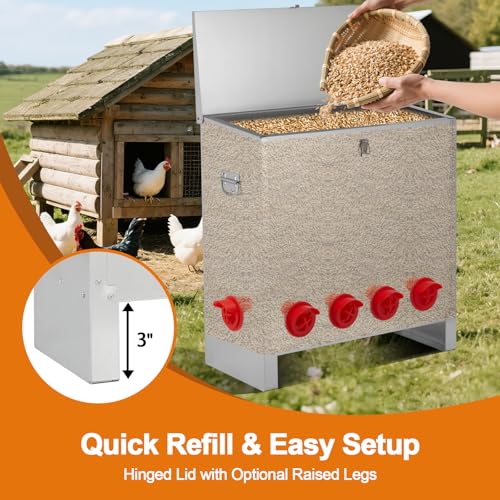 Automatic Chicken Feeder 85-120lbs Capacity, Galvanized Metal Poultry Feeding Equipment, Rainproof & Rodent Proof Large Chicken Food Dispenser for Backyard Coop & Farm Use (6 Ports) - style: 6 Ports(85-120LBS)