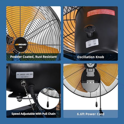 Pro Series 20 inch Oscillating High Velocity Wall Mount Fan, 6000 CFM Industrial Heavy Duty Metal Wall Fan, 3 Speeds, Adjustable Tilt, Quiet Operation Commercial Shop Fan for Garage - size: 20inch-indoor