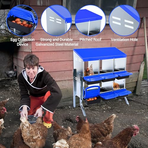 Chicken Nesting Box 6-Hole Roll Away Egg Laying Box with Lid & Stand, Galvanized Steel Rustproof Poultry Coop Box, Wall Mountable No Bracket Needed for Hens, Blue - color: Blue, size: 6 holes with legs