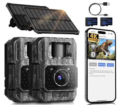 MAXDONE Solar Trail Camera WiFi Bluetooth 2 Pack - 4K 64MP Game Camera with Night Vision Motion Activated, Deer Camera with Built-in Battery Rechargeable Power, Trail Cam Wildlife Cameras IP66 - color: Dark Gray