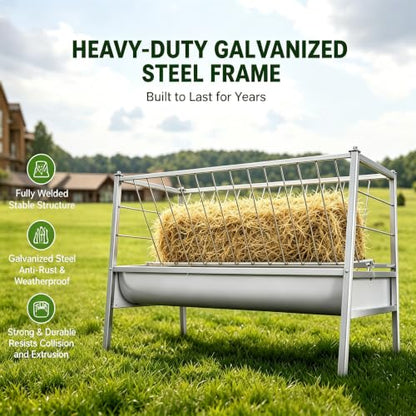 98 Gal Livestock Hay Feeder, Quick Bolt Easy Installation, Angled Grid Structure, Elevated 2-in-1 Trough, Multi Animal Use for Ranch Pasture Barn Daily Feeding