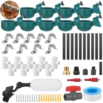 Complete Chicken Automatic Waterer System Kit - Includes 9 Chicken Water Cups, PVC Pipe, T-Joints, Float Valve, Poultry Watering, DIY Chicken Water Feeder for Broiler, Duck, Goose, Farm Birds