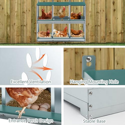 Chicken Metal Nesting Boxes, 6 Compartment Metal Nesting Box for Chicken, 6 Room Wall Mountable Nesting Boxes for Hens, Galvanized Steel Easy to Assemble - size: 32.1"L x 16.3"W x 26.4"H