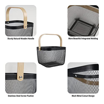 Metal Mesh Steel Harvest Basket, Square Wire Garden Basket with Handle – Multi-Functional Storage Organizer for Gathering Vegetables, Fruits, Kitchen, Garden, Picnic & Cabinet (Black) - color: Black-Square