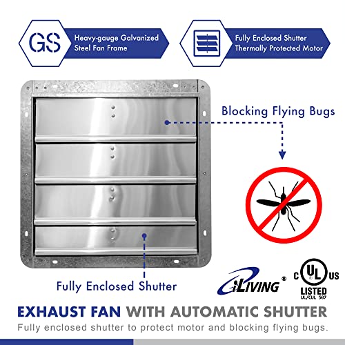 iLIVING 16" Wall Mounted Shutter Exhaust Fan, Automatic Shutter, with Thermostat and Variable Speed controller, 0.85A, 1200 CFM, 1800 SQF Coverage Area Silver (ILG8SF16V-ST) - style: Plugin Thermostat & Speed Controller