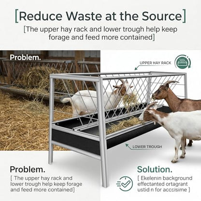 77 Gallon Outdoor Livestock Hay Feeder, Stainless Steel Anti-Waste Feeder with Rubber Trough, Durable Farm Feeding Supplies for Goats, Sheep, Calves & Horses