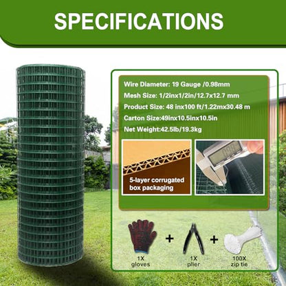 Hardware Cloth 1/2inx 48in x 100ft Chicken Wire, Green Garden Fence, PVC Coated Metal Welded Wire Mesh for Preventing Snakes, Raccoons, Foxes, Poultry Netting - size: 1/2inx48inx100ft