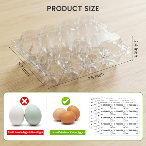 LOVEINUSA 60 Pack 12-Count Clear Plastic Egg Cartons with 60 Date Labels, Reusable PET Dozen Egg Holders for Medium Chicken Eggs, Clamshell Cartons for Farm, Home Fridge & Market Display