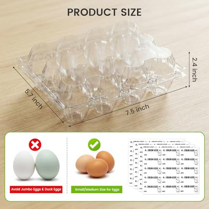 LOVEINUSA 60 Pack 12-Count Clear Plastic Egg Cartons with 60 Date Labels, Reusable PET Dozen Egg Holders for Medium Chicken Eggs, Clamshell Cartons for Farm, Home Fridge & Market Display