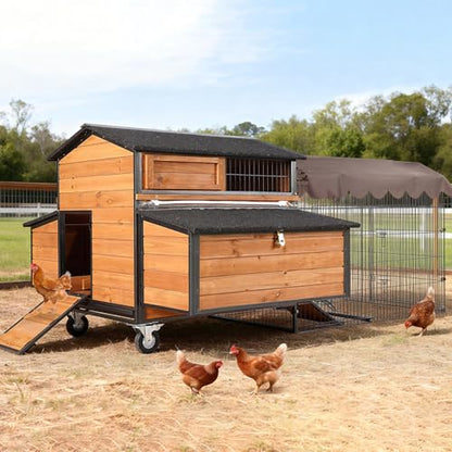 Large Chicken Coop with Run, Mobile Chicken House with Wheels and All-Around Iron Frame, Chicken Tractor Poultry Cage for 6-8 Chickens, Nesting Box, Metal Pull-Out Tray - size: 76.7"L x 53.8"W x 36.8"H