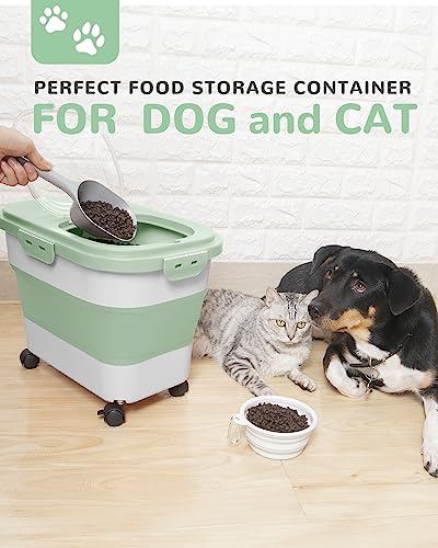 20-23 Lbs Dog Food Storage Container Airtight,Collapsible Pet Food Storage | Dog Food Container with Double Airtight Seal & Magnetic Lid,Cat Food Container with Wheels for Easy Moving,Small Jar,Scoop - color: Green&White