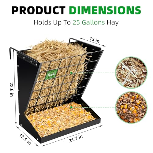 RYFT Wall Mount Hay Feeder, 2 in 1 Heavy-Duty Galvanized Hay & Grain Livestock Feeder, Hay Rack for Goats, Sheep, Horse, Cattle