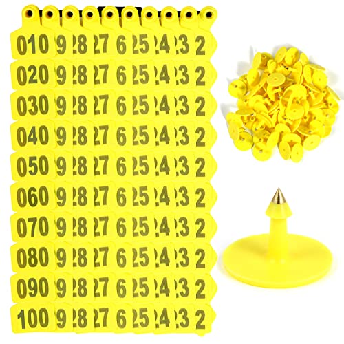100PCS 001-100 Number Plastic Livestock Ear Tags Farm Animal Tags ID Tags Yellow Green Blue Orange Ear Tagger Cattle Ear Tags for Cow Cattle Sheep Goats Pigs Hogs Mark Label (Yellow) - color: Yellow