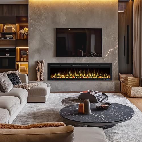74" WiFi Electric Fireplace Inserts, Recessed and Wall Mounted Fireplace Heater W/Adjustable Flame Color & Brightness, Thermostat, 9H Timer, App and Remote Control, Low Noise, 750/1500W - size: 74" WiFi