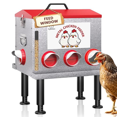 10-Gal Metal Automatic Chicken Feeder with No-Waste Feeding Tray | 55LB Capacity, 8 Feeding Ports, Rust-Proof Alloy Steel, Clear Viewing Window, Height-Adjustable Legs for Chicken Coops - color: Red, size: 10GAL-55LB