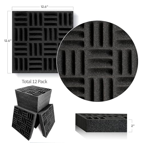 Foroomaco Grid Acoustic Foam Panels, 12.6 x 12.6 x 2 in, 12 Pack, Black | Large sound absorbing acoustic panels for walls reduce echo and room reflections in studios, podcast rooms and home offices - color: Grid Black