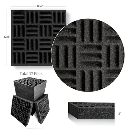 Foroomaco Grid Acoustic Foam Panels, 12.6 x 12.6 x 2 in, 12 Pack, Black | Large sound absorbing acoustic panels for walls reduce echo and room reflections in studios, podcast rooms and home offices - color: Grid Black